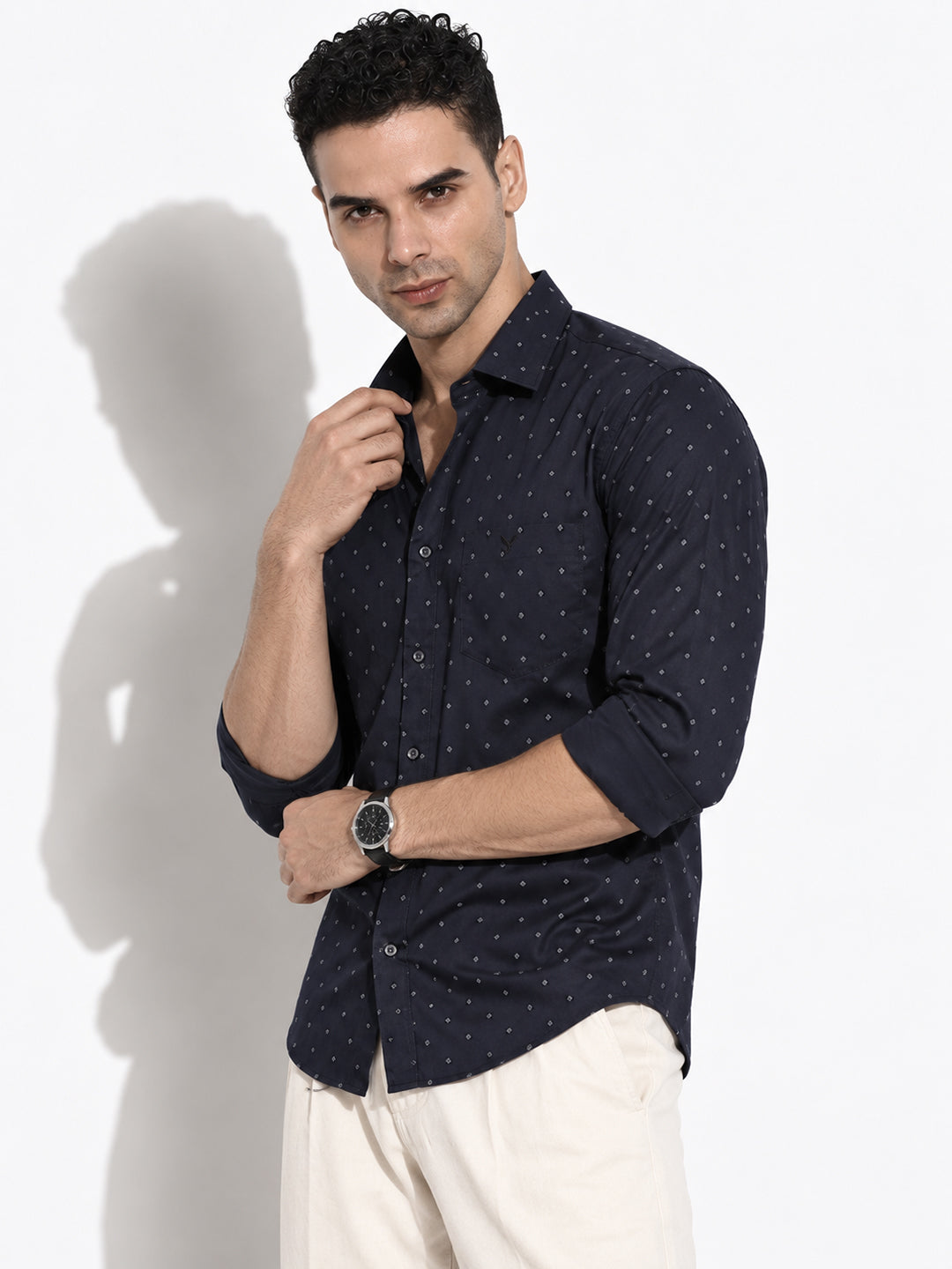 Men’s Micro Printed Navy Blue Slim Fit Long Sleeves Casual Shirt