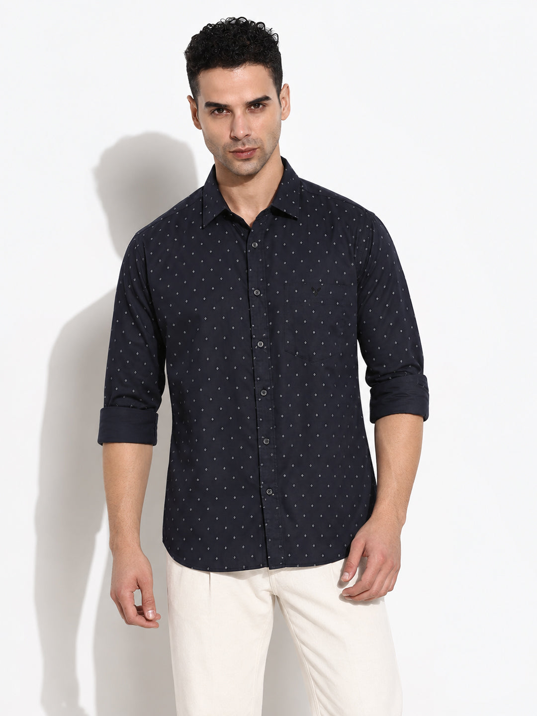 Men’s Micro Printed Navy Blue Slim Fit Long Sleeves Casual Shirt