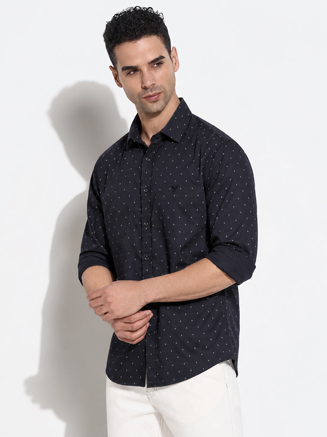 Men’s Micro Printed Navy Blue Slim Fit Long Sleeves Casual Shirt