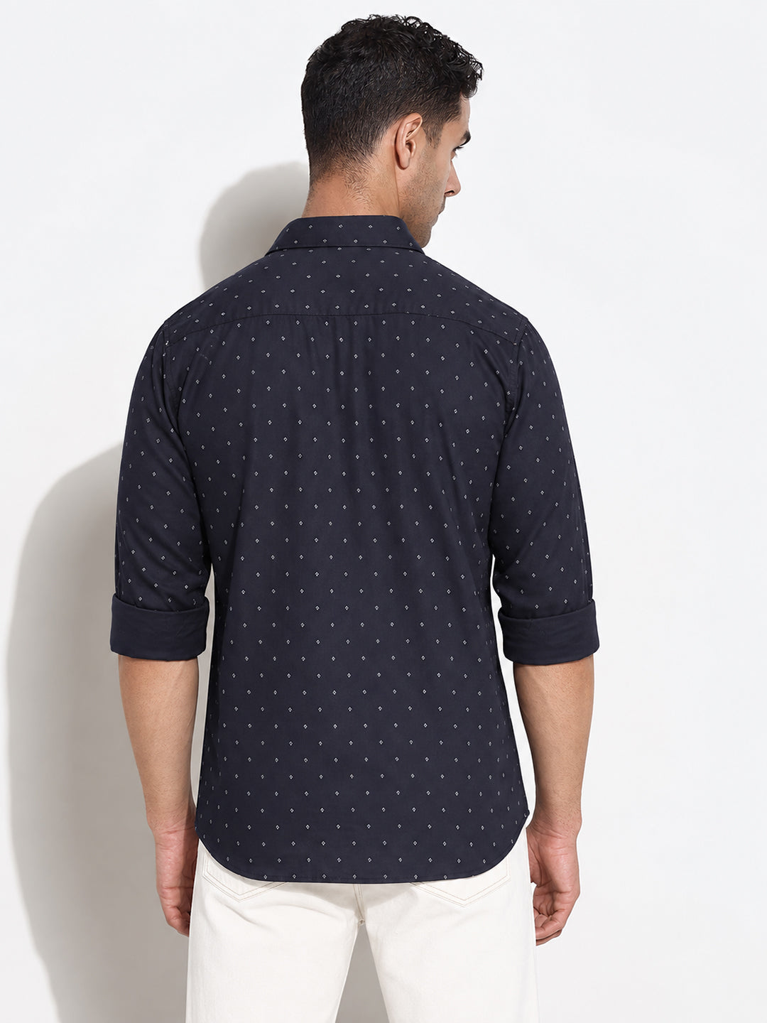 Men’s Micro Printed Navy Blue Slim Fit Long Sleeves Casual Shirt