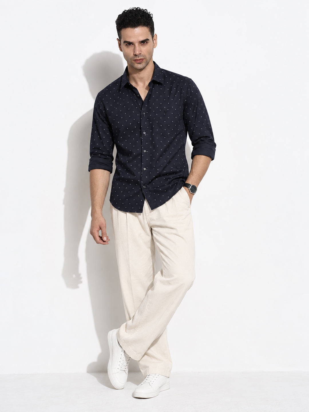 Men’s Micro Printed Navy Blue Slim Fit Long Sleeves Casual Shirt