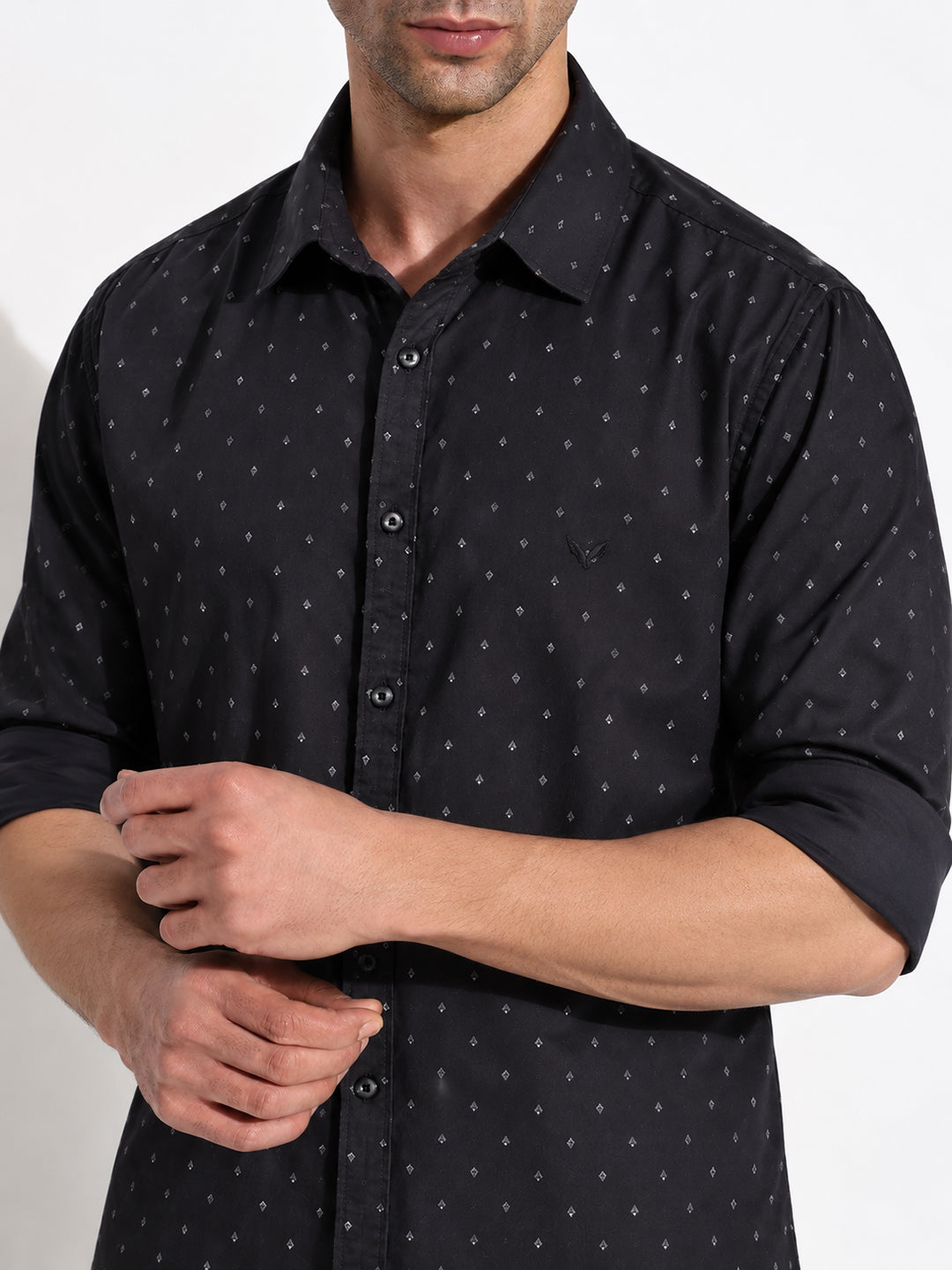Men’s Micro Printed Navy Blue Slim Fit Long Sleeves Casual Shirt