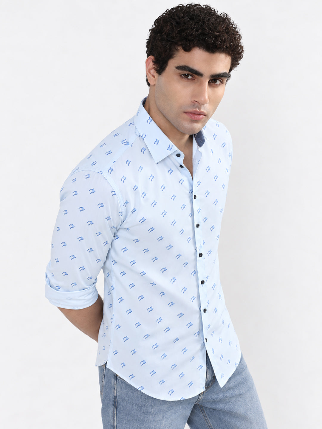 Men’s Micro Printed Blue Slim Fit Long Sleeves Casual Shirt