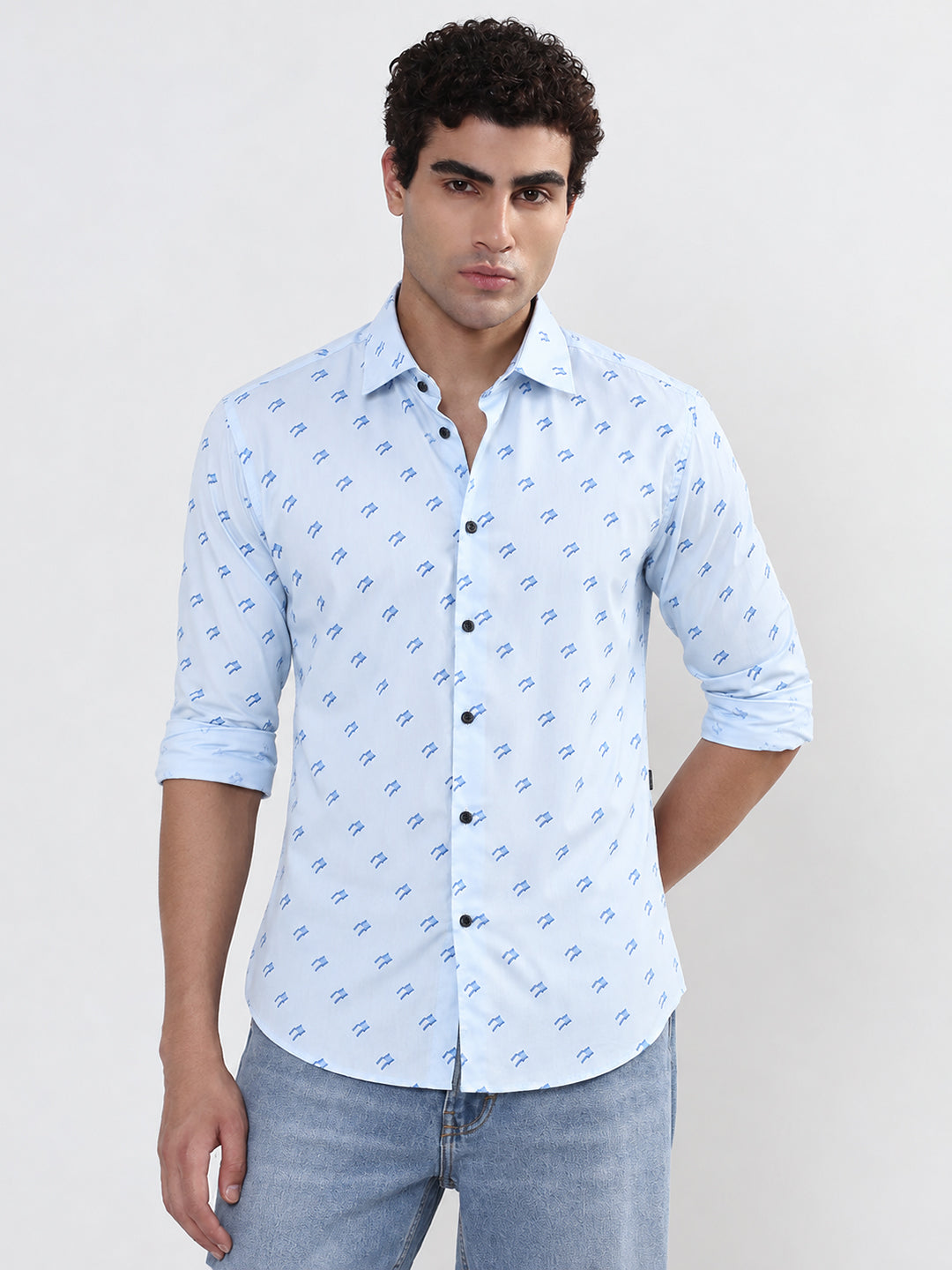 Men’s Micro Printed Blue Slim Fit Long Sleeves Casual Shirt
