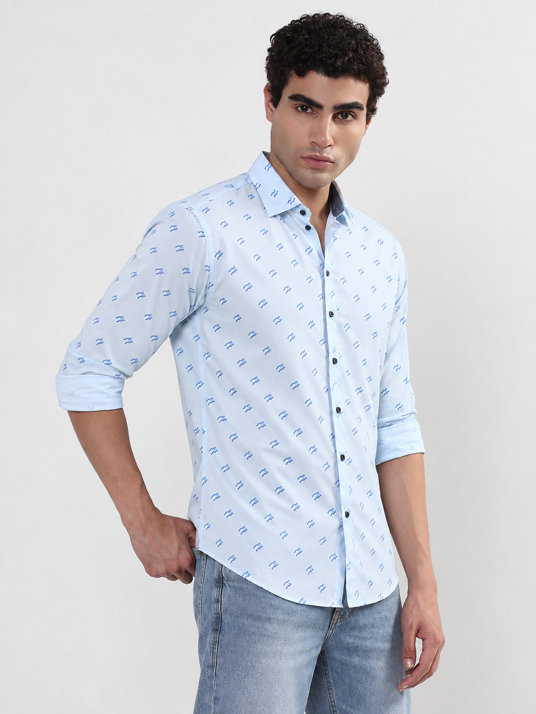 Men’s Micro Printed Blue Slim Fit Long Sleeves Casual Shirt