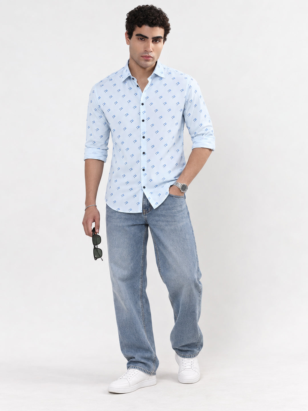 Men’s Micro Printed Blue Slim Fit Long Sleeves Casual Shirt