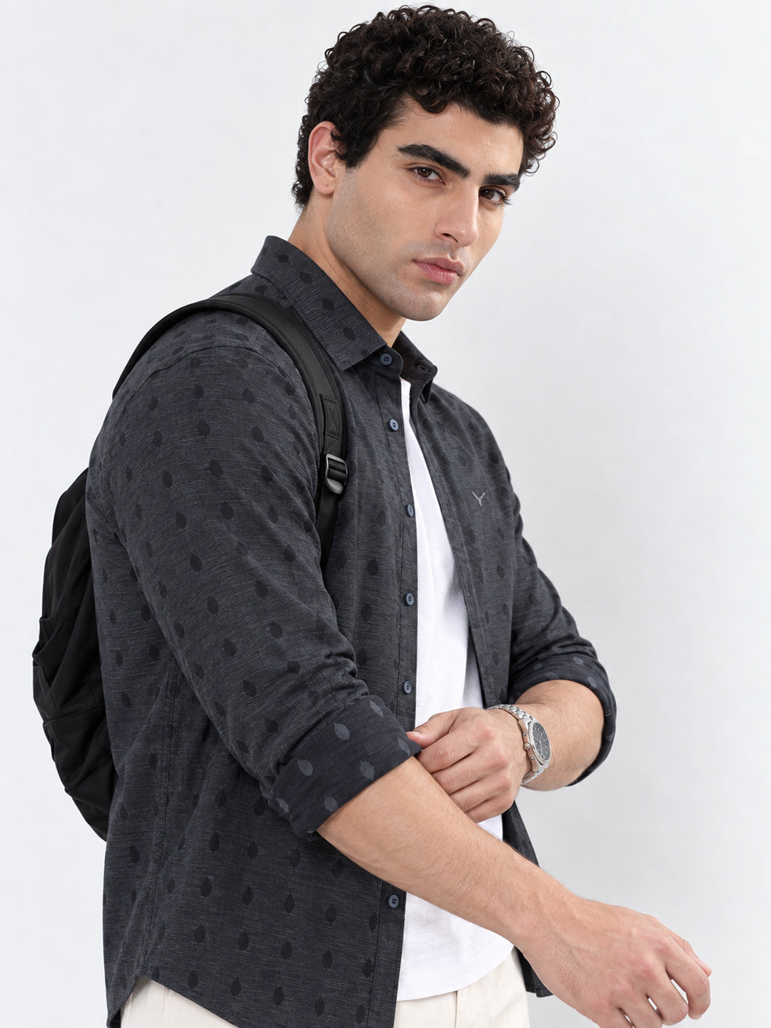 Men’s Geometric Printed Navy Blue Slim Fit Long Sleeve Casual Shirt