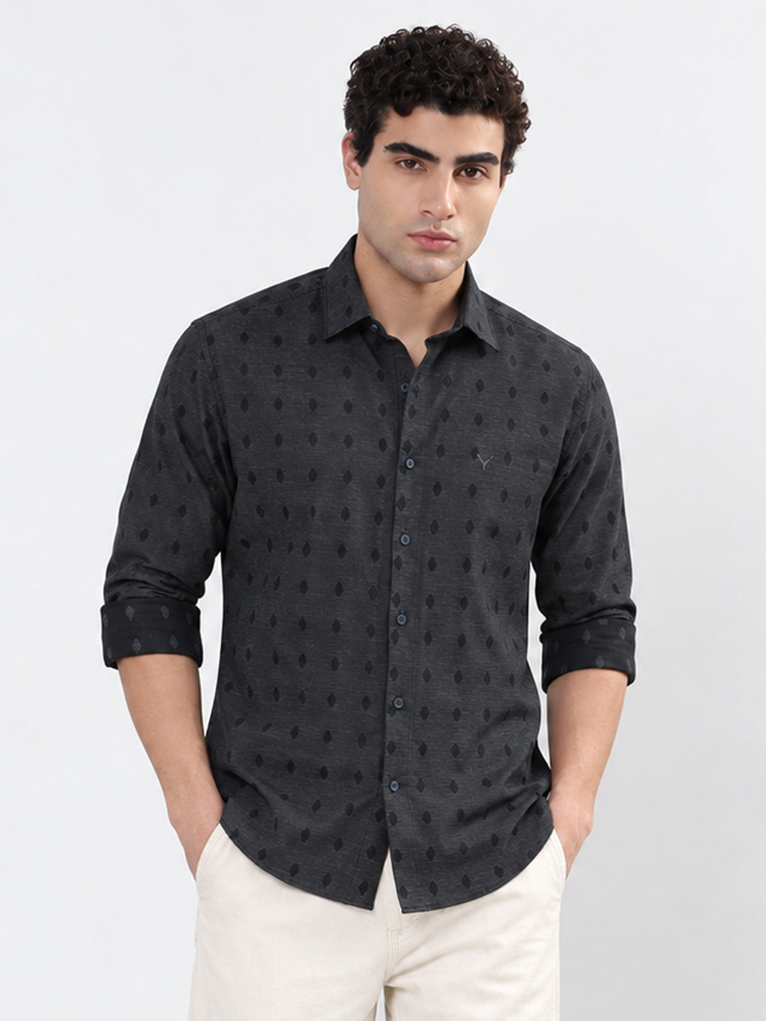 Men’s Geometric Printed Navy Blue Slim Fit Long Sleeve Casual Shirt
