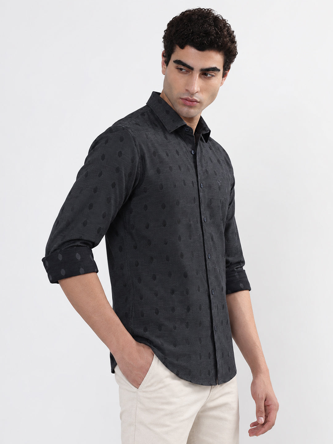 Men’s Geometric Printed Navy Blue Slim Fit Long Sleeve Casual Shirt