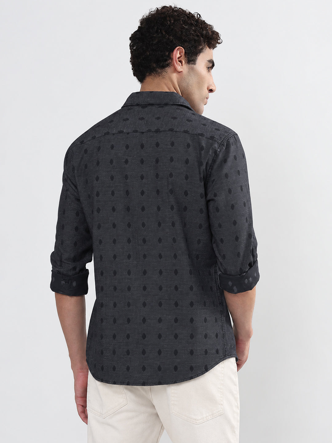 Men’s Geometric Printed Navy Blue Slim Fit Long Sleeve Casual Shirt