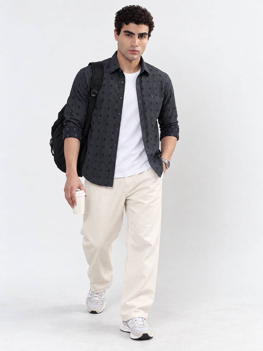 Men’s Geometric Printed Navy Blue Slim Fit Long Sleeve Casual Shirt
