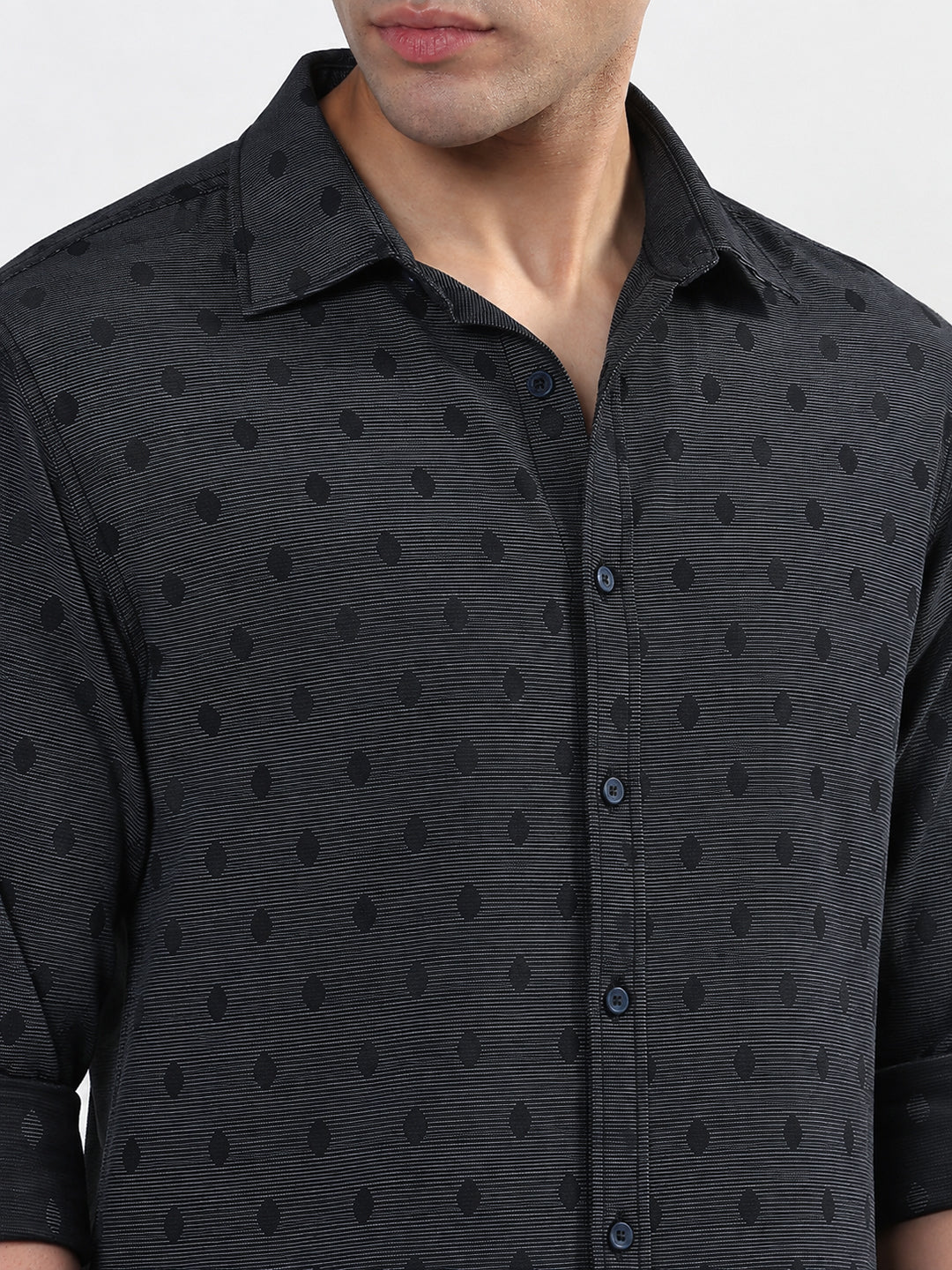 Men’s Geometric Printed Navy Blue Slim Fit Long Sleeve Casual Shirt