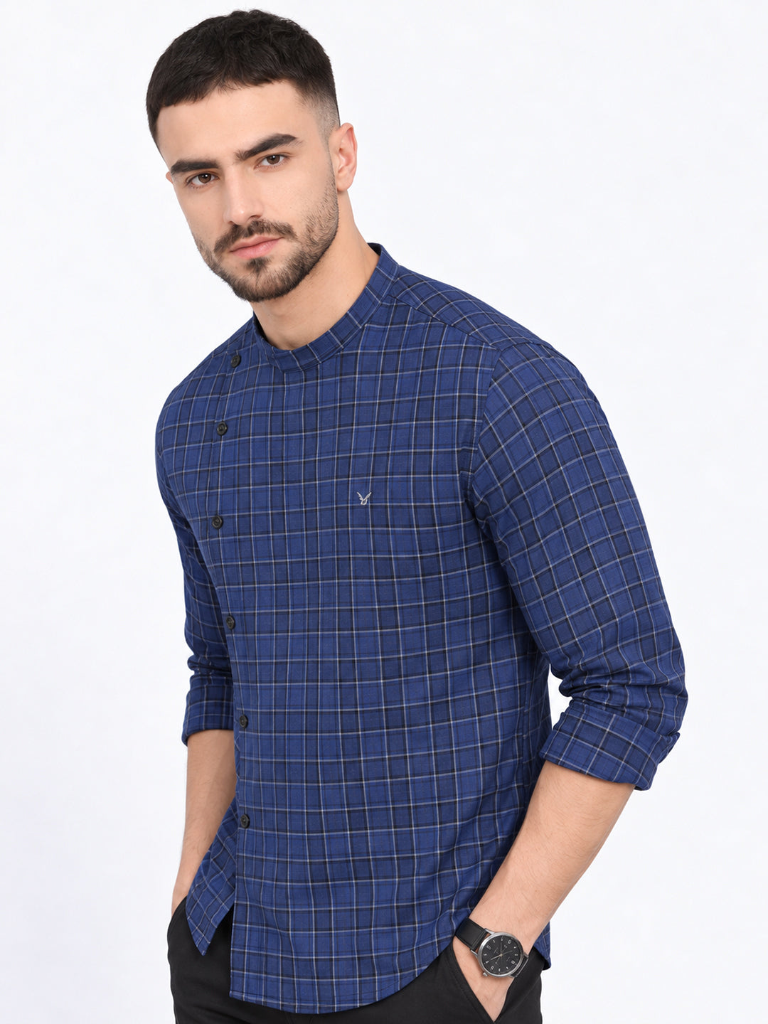 Men’s Checked Blue Mandarin Collar Long Sleeves Shirt