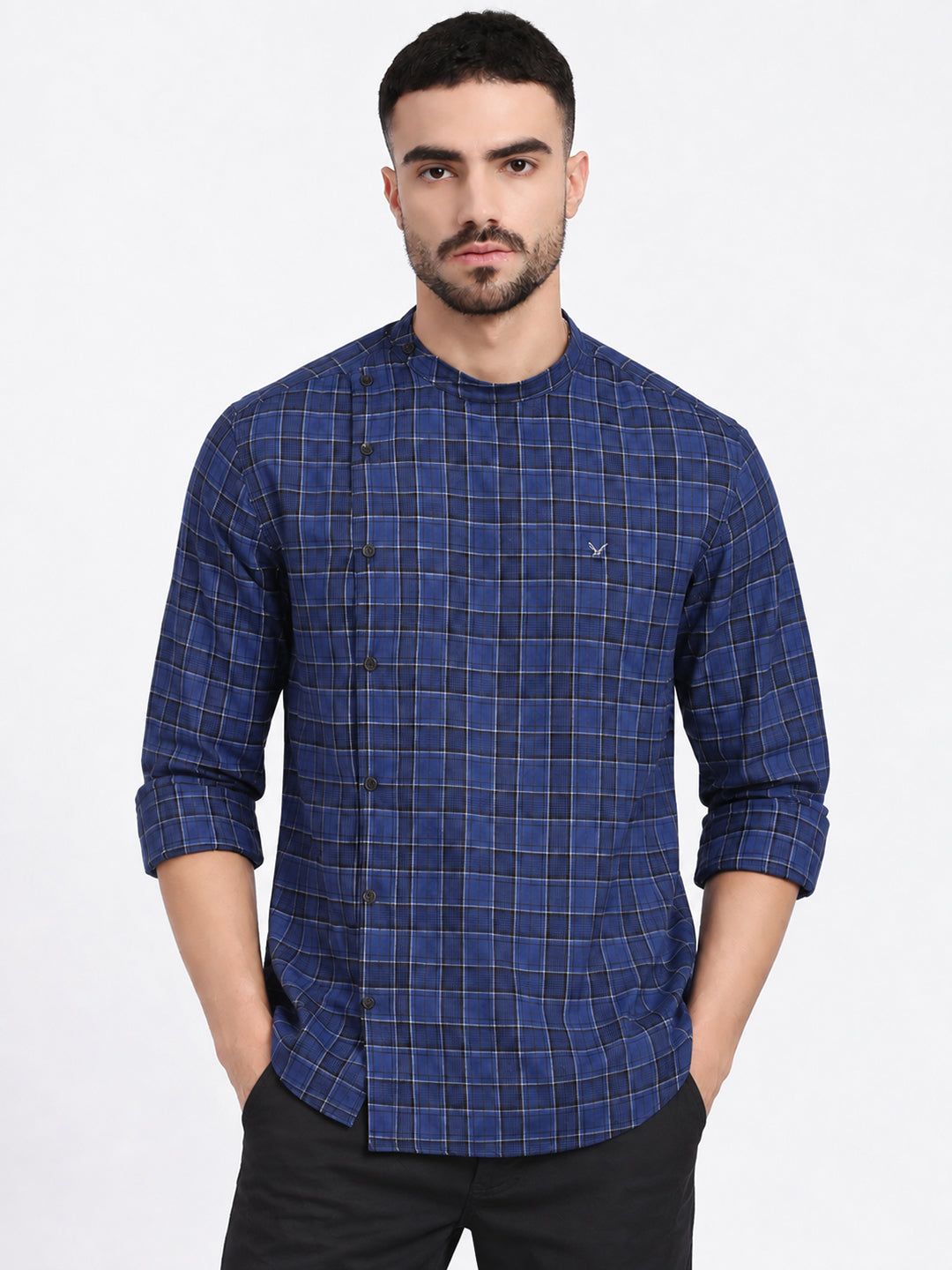 Men’s Checked Blue Mandarin Collar Long Sleeves Shirt