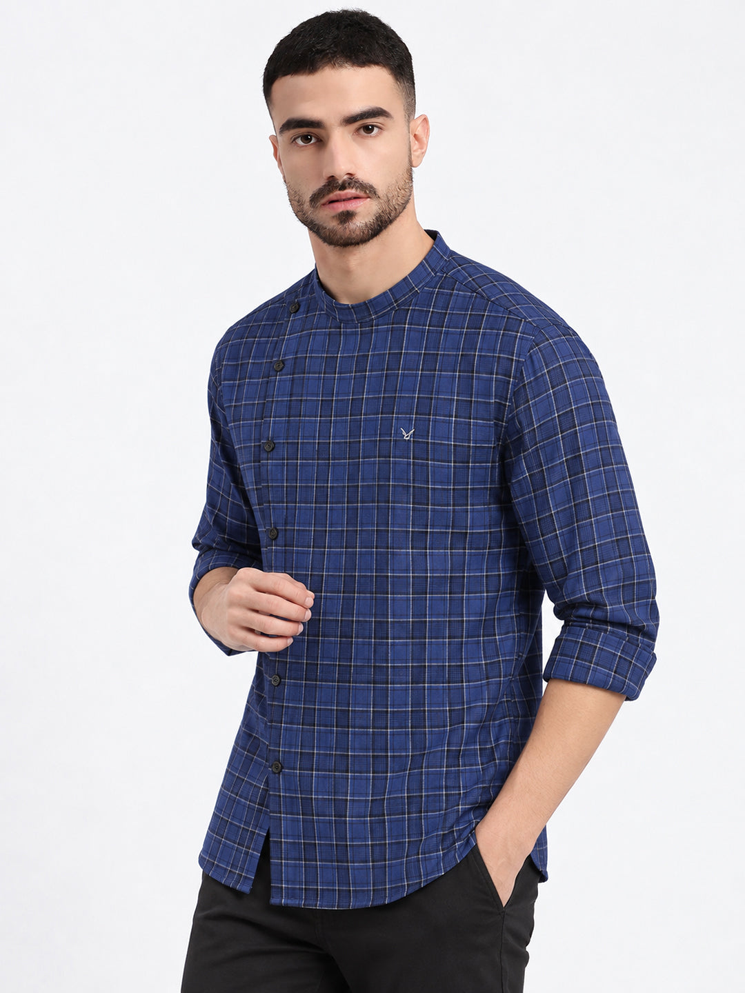 Men’s Checked Blue Mandarin Collar Long Sleeves Shirt