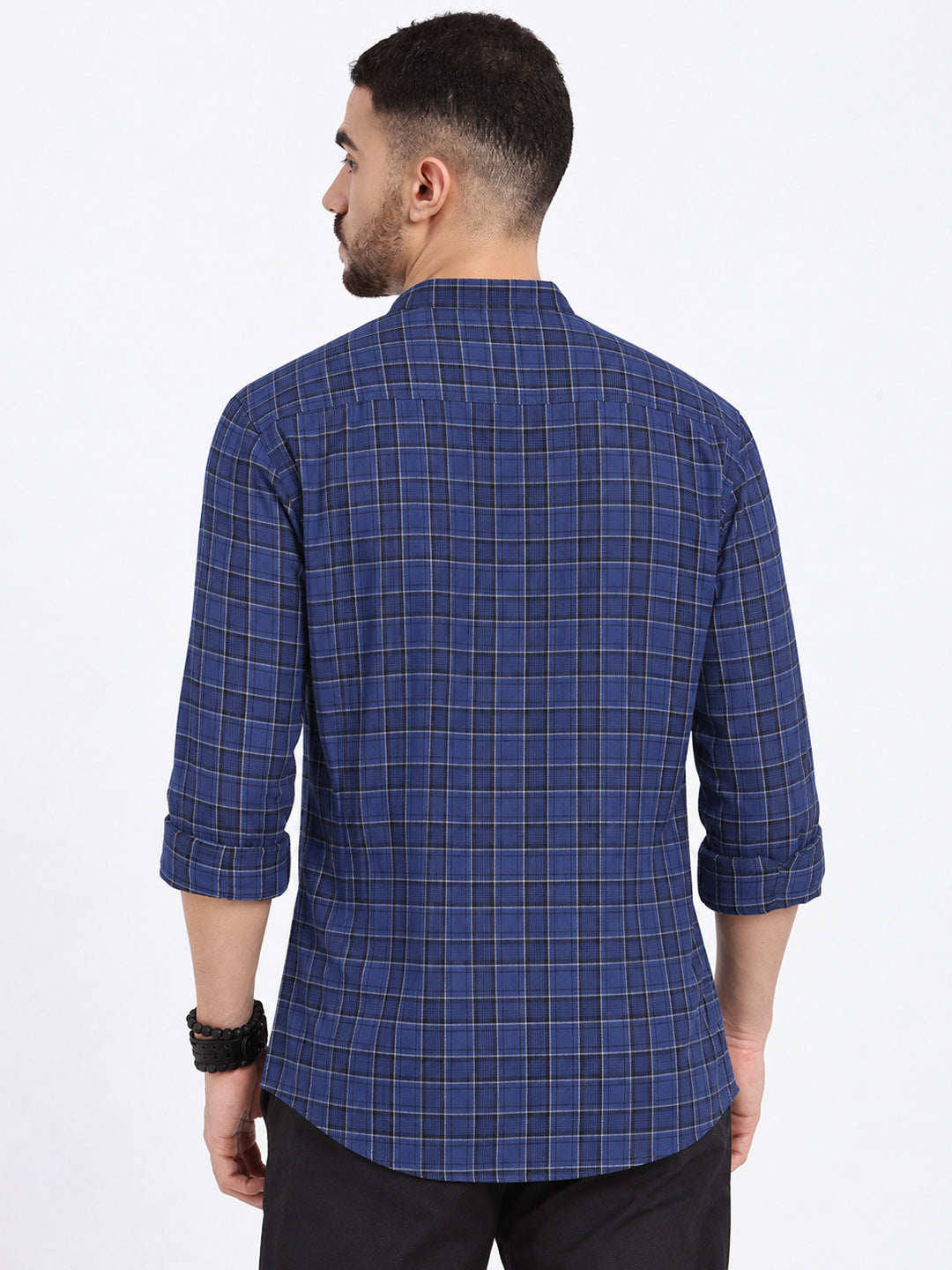 Men’s Checked Blue Mandarin Collar Long Sleeves Shirt