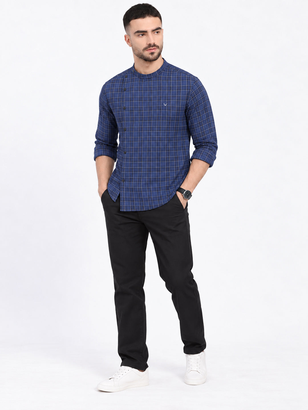 Men’s Checked Blue Mandarin Collar Long Sleeves Shirt