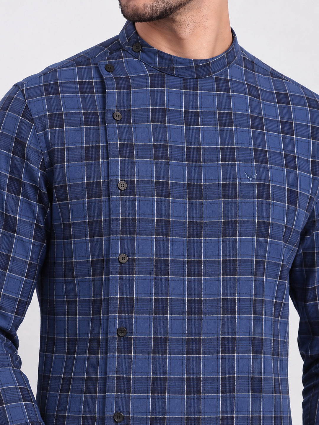 Men’s Checked Blue Mandarin Collar Long Sleeves Shirt