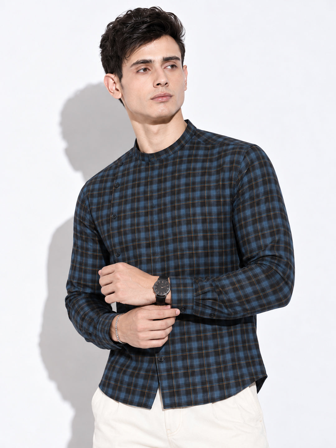 Men’s Tartan Checked Blue Mandarin Collar Long Sleeves Shirt