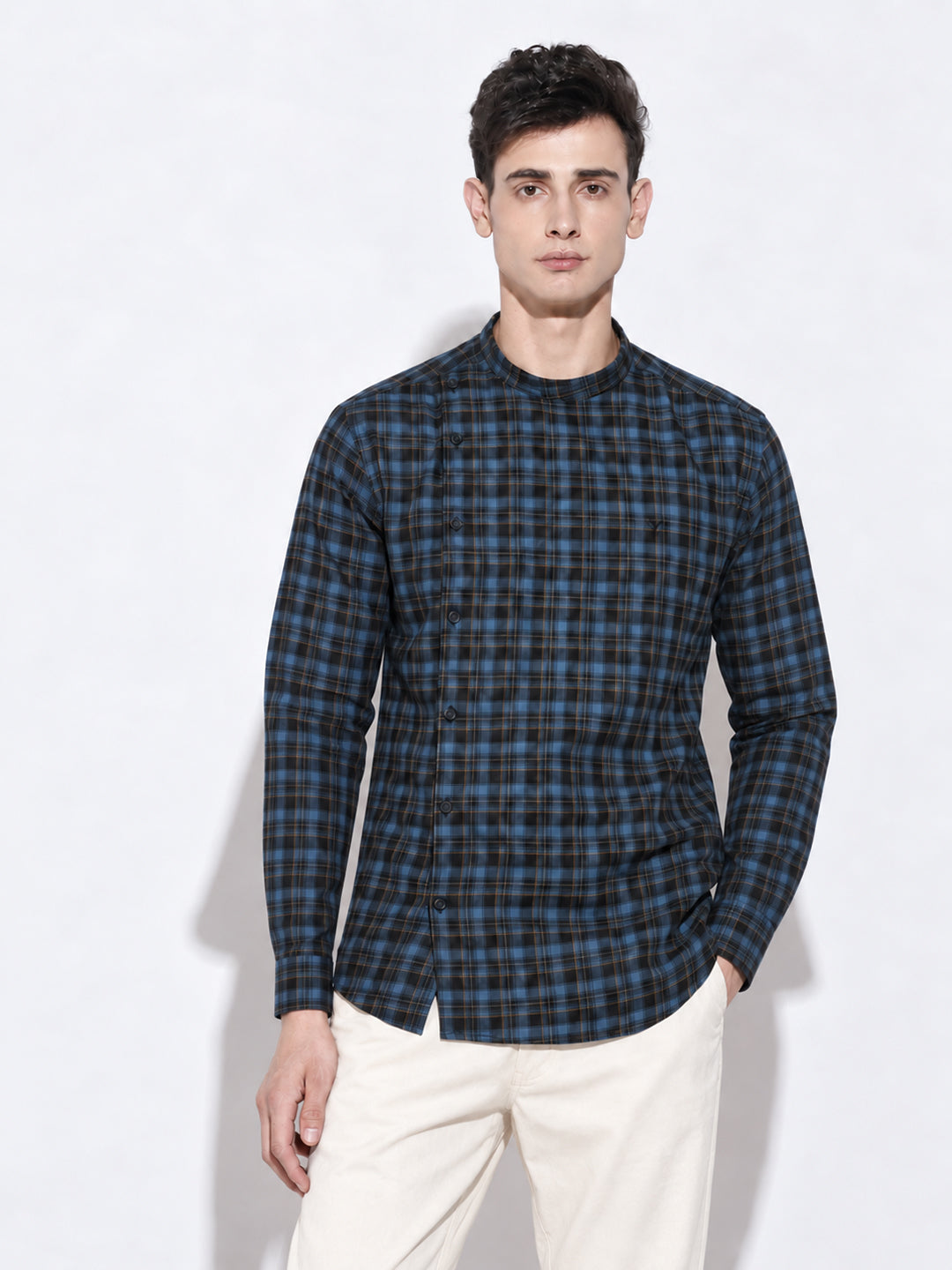 Men’s Tartan Checked Blue Mandarin Collar Long Sleeves Shirt