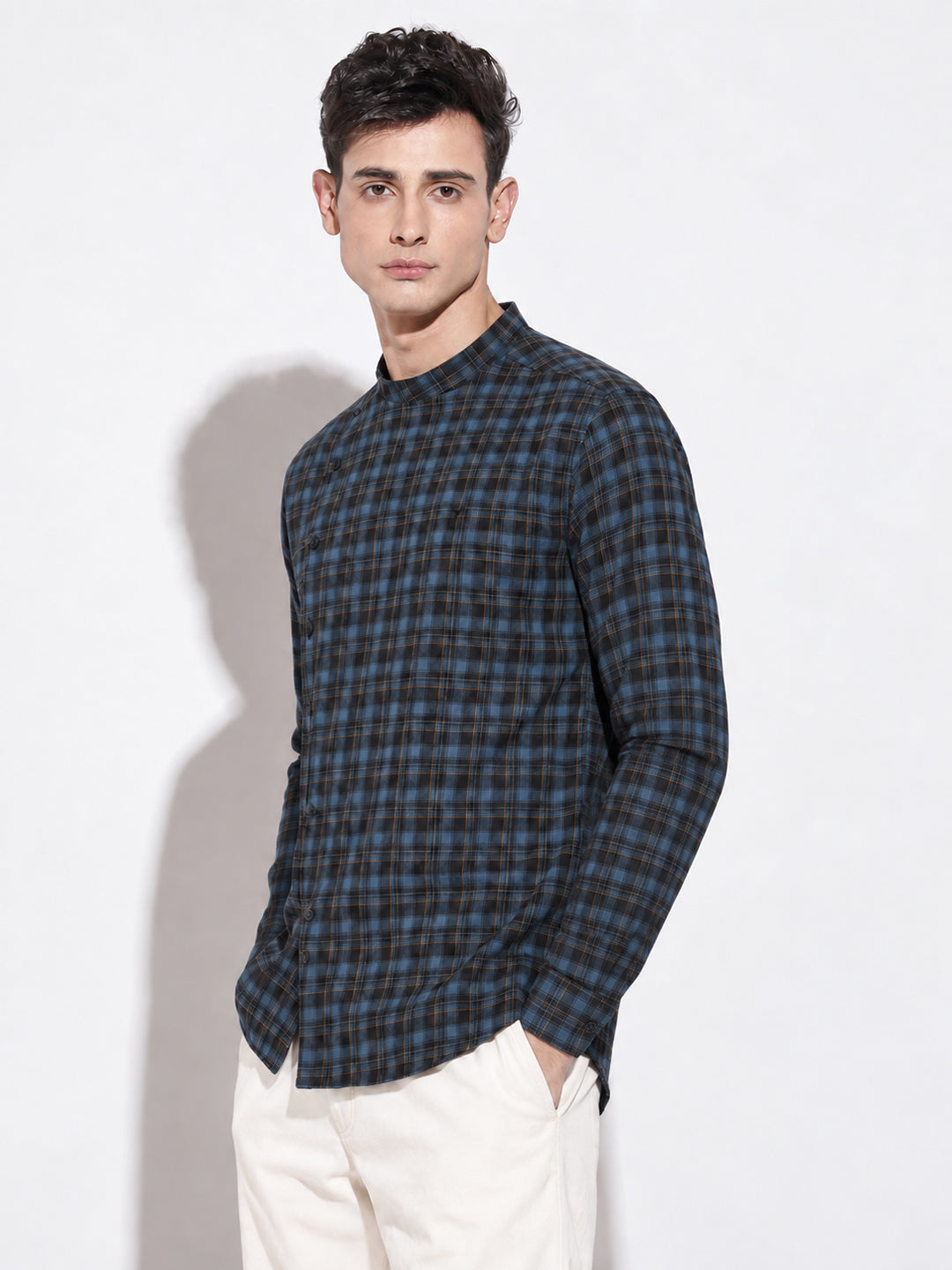 Men’s Tartan Checked Blue Mandarin Collar Long Sleeves Shirt