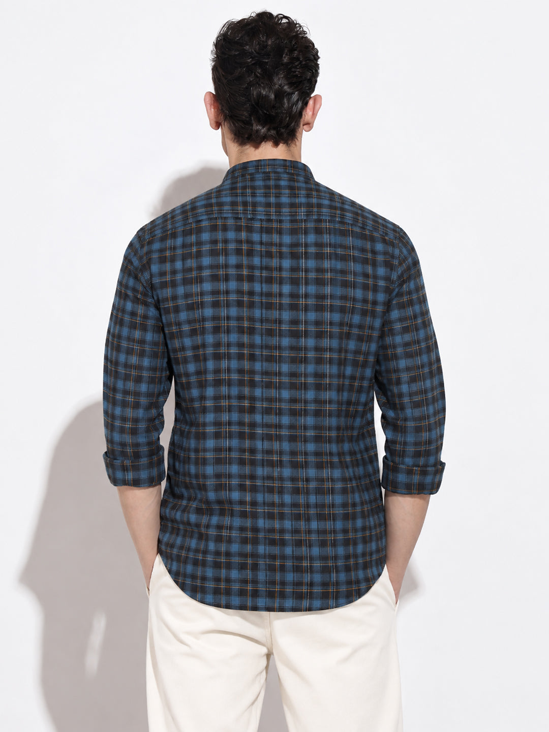 Men’s Tartan Checked Blue Mandarin Collar Long Sleeves Shirt