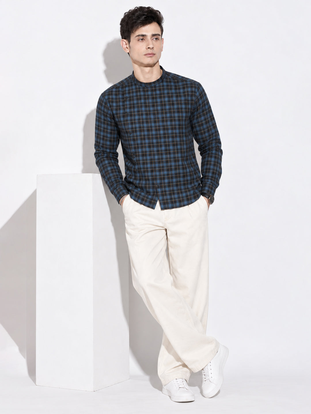 Men’s Tartan Checked Blue Mandarin Collar Long Sleeves Shirt