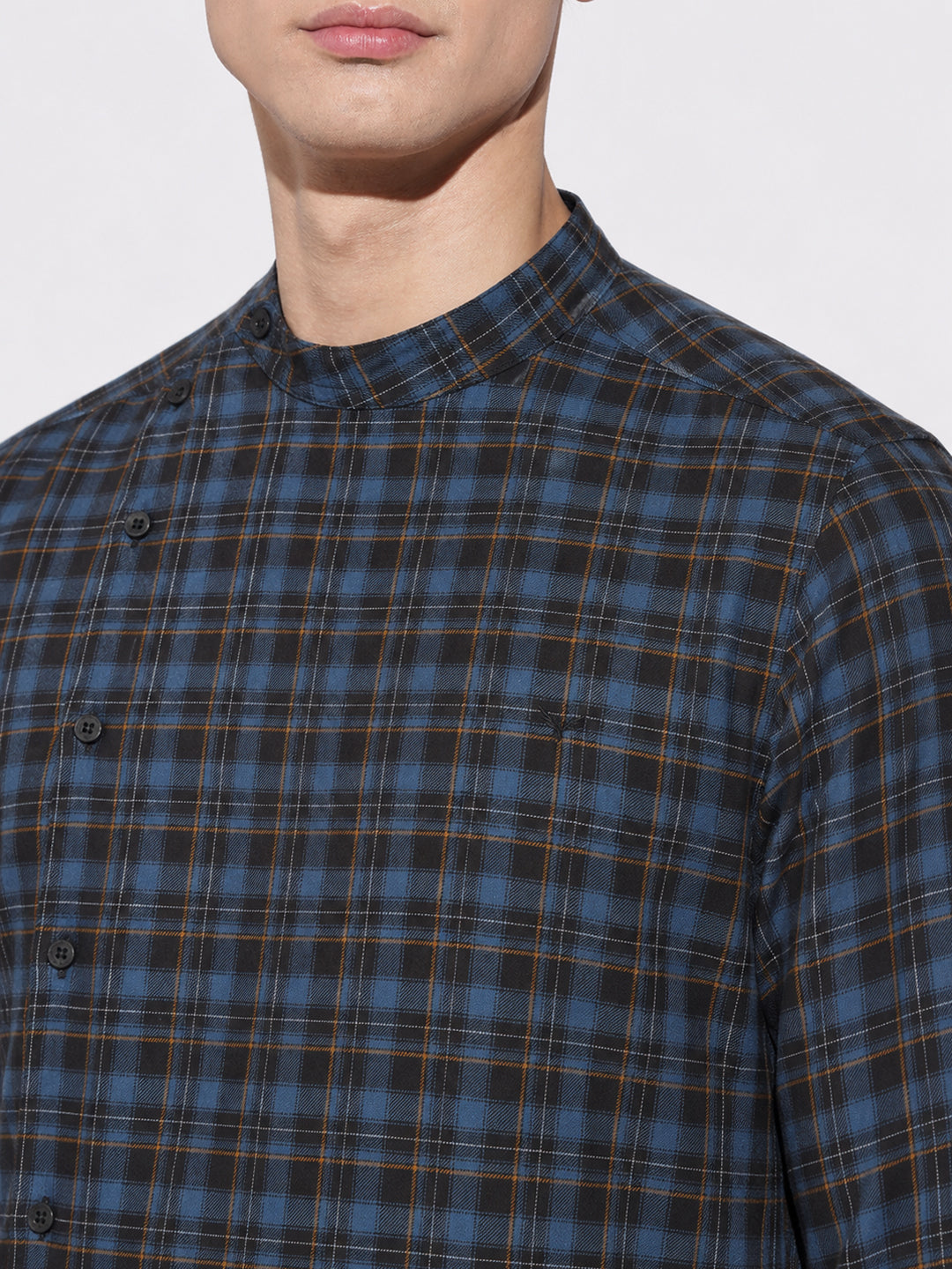 Men’s Tartan Checked Blue Mandarin Collar Long Sleeves Shirt