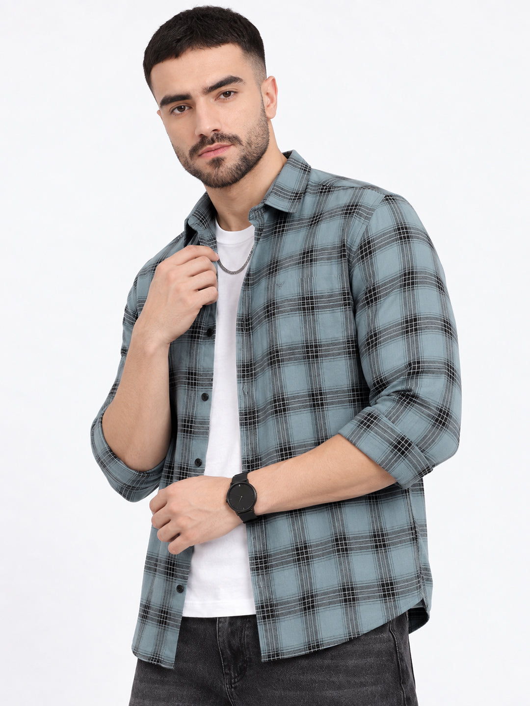 Men’s Checked Blue Slim Fit Long Sleeves Casual Shirt