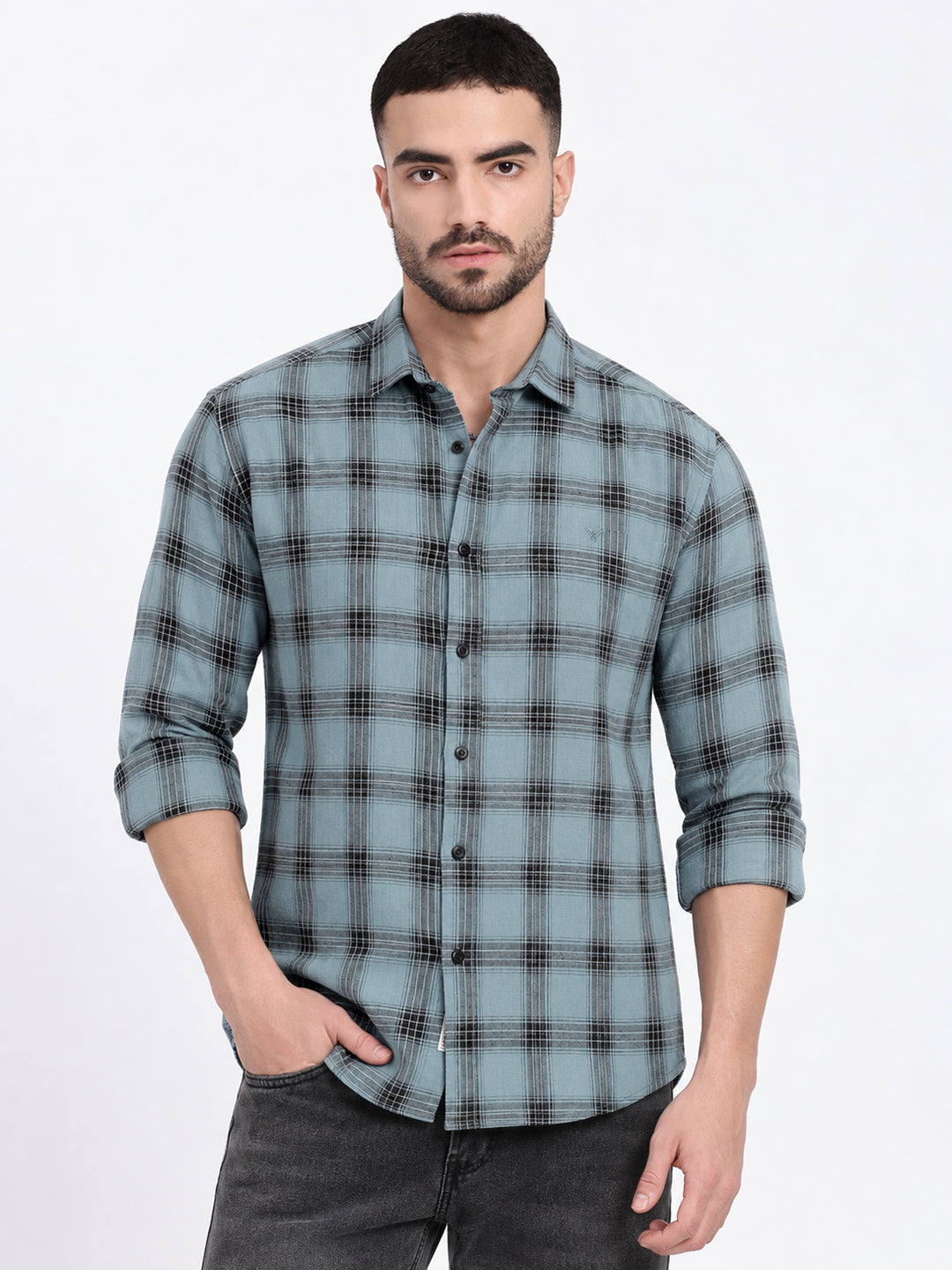 Men’s Checked Blue Slim Fit Long Sleeves Casual Shirt