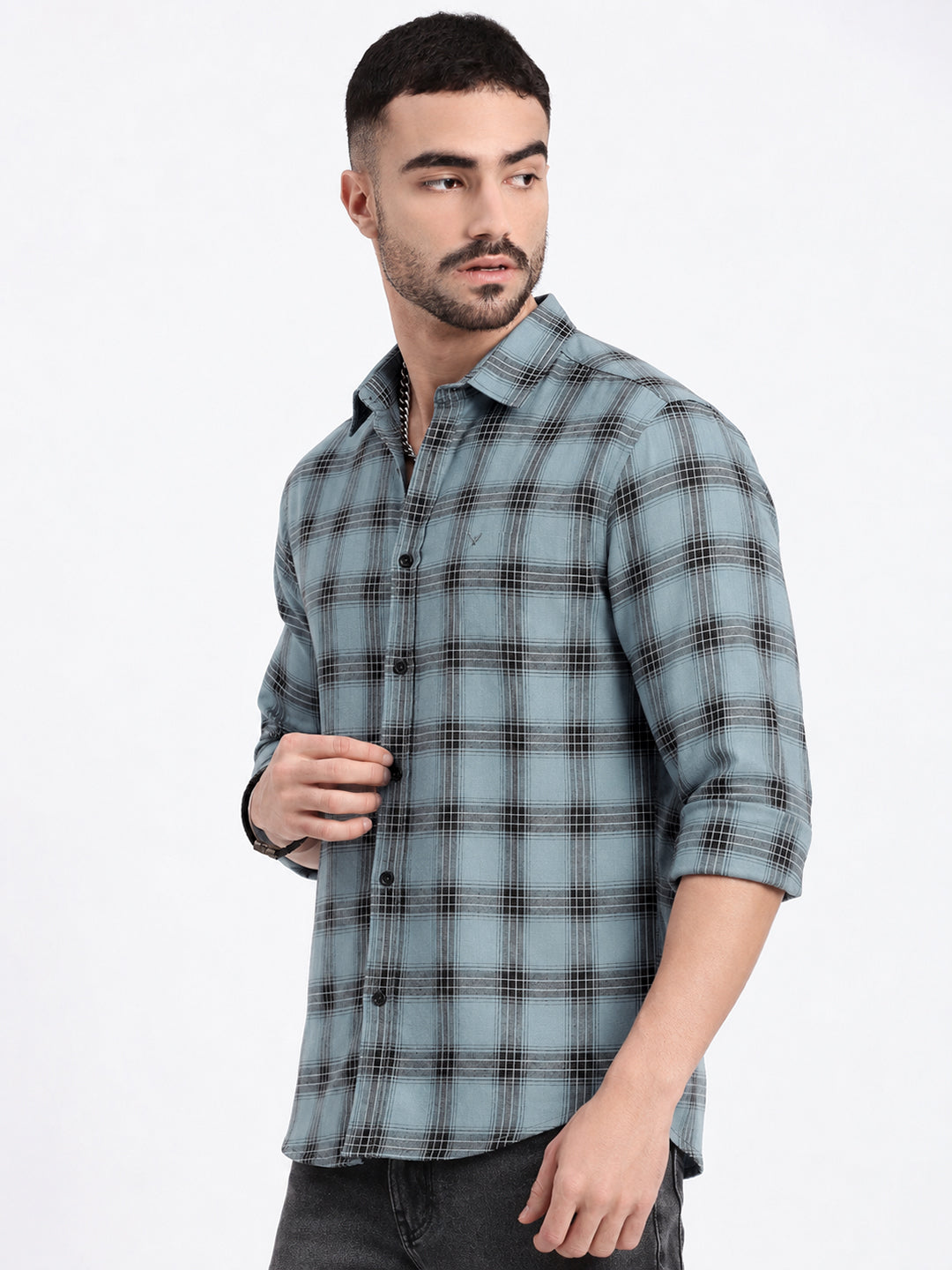 Men’s Checked Blue Slim Fit Long Sleeves Casual Shirt