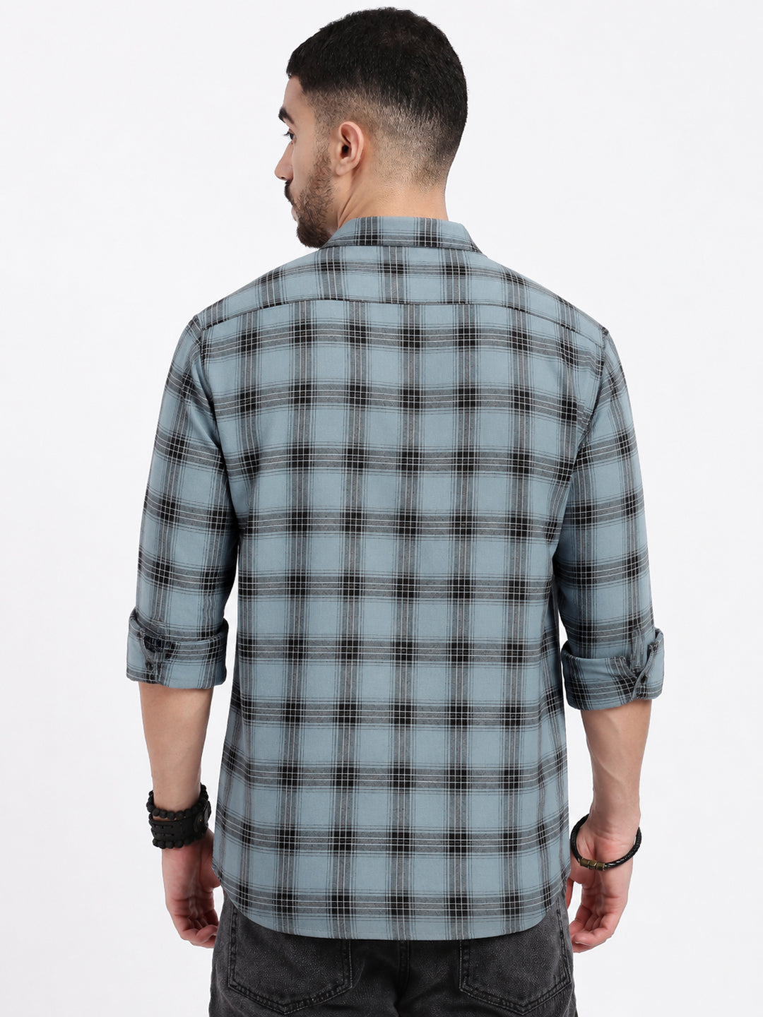 Men’s Checked Blue Slim Fit Long Sleeves Casual Shirt
