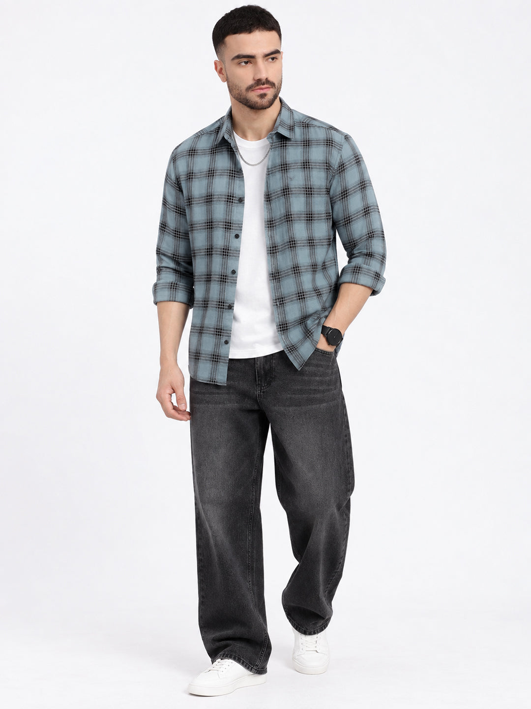 Men’s Checked Blue Slim Fit Long Sleeves Casual Shirt