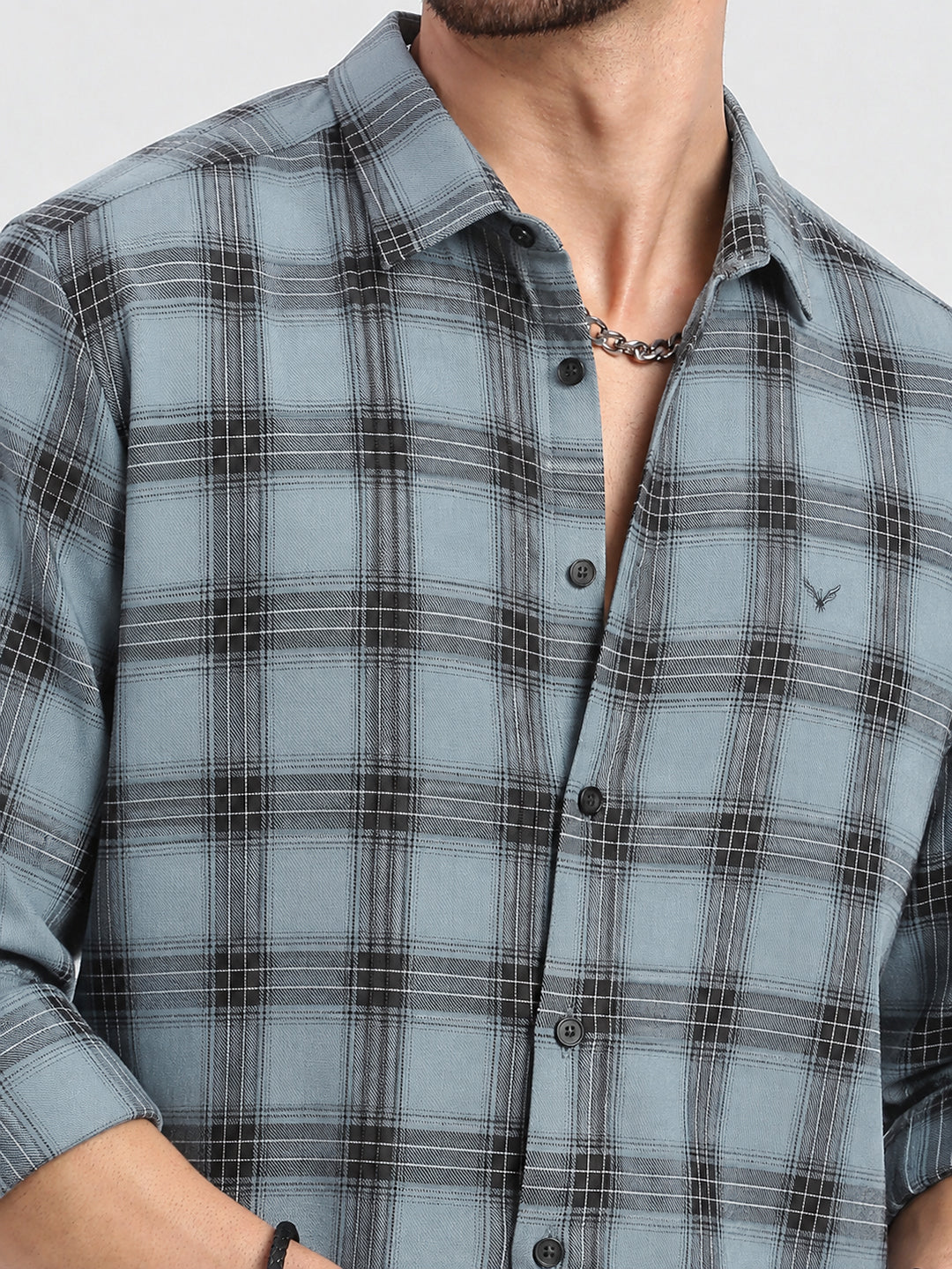 Men’s Checked Blue Slim Fit Long Sleeves Casual Shirt