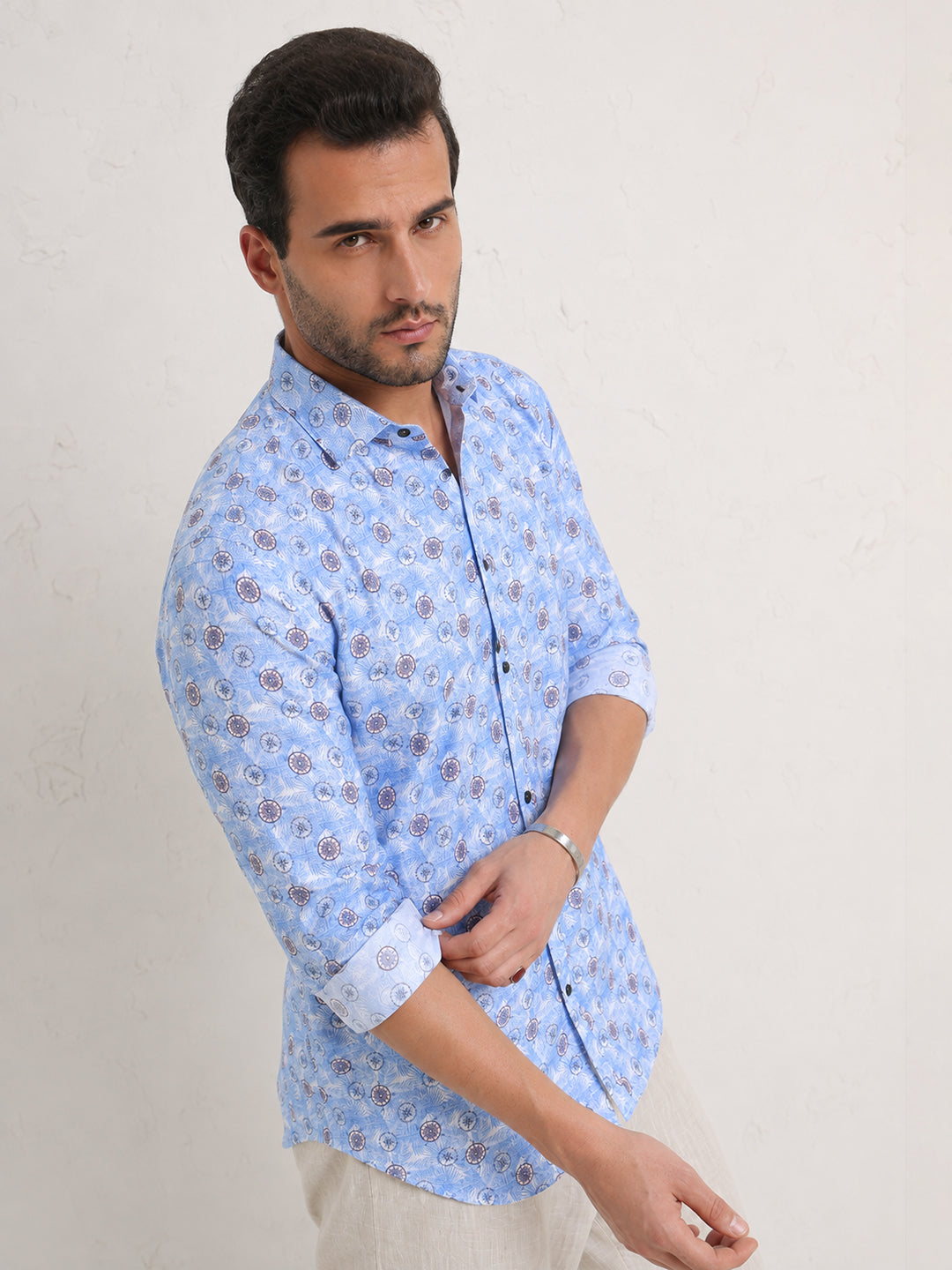 Men’s Graphic Blue Slim Fit Long Sleeves Shirt