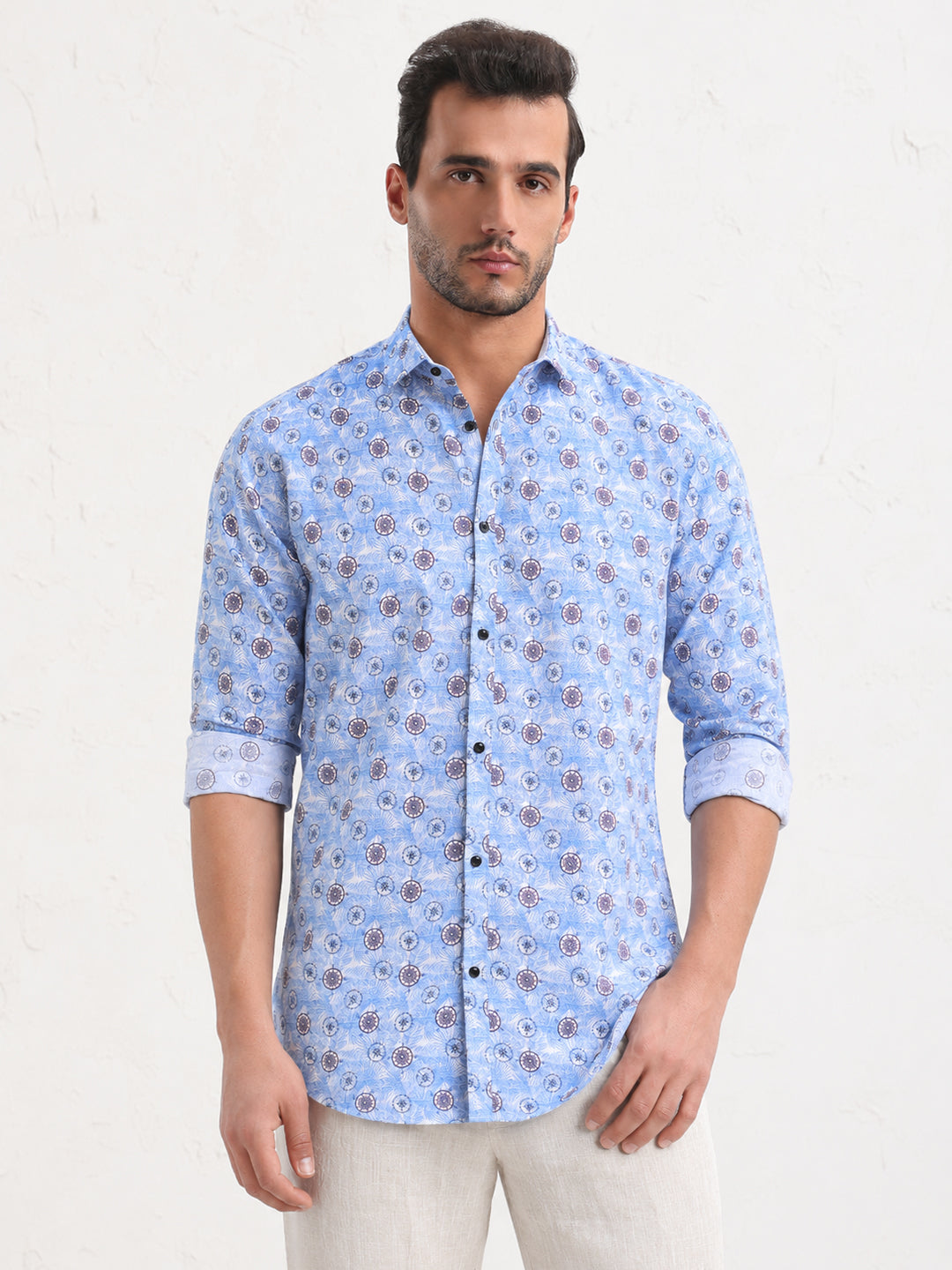 Men’s Graphic Blue Slim Fit Long Sleeves Shirt