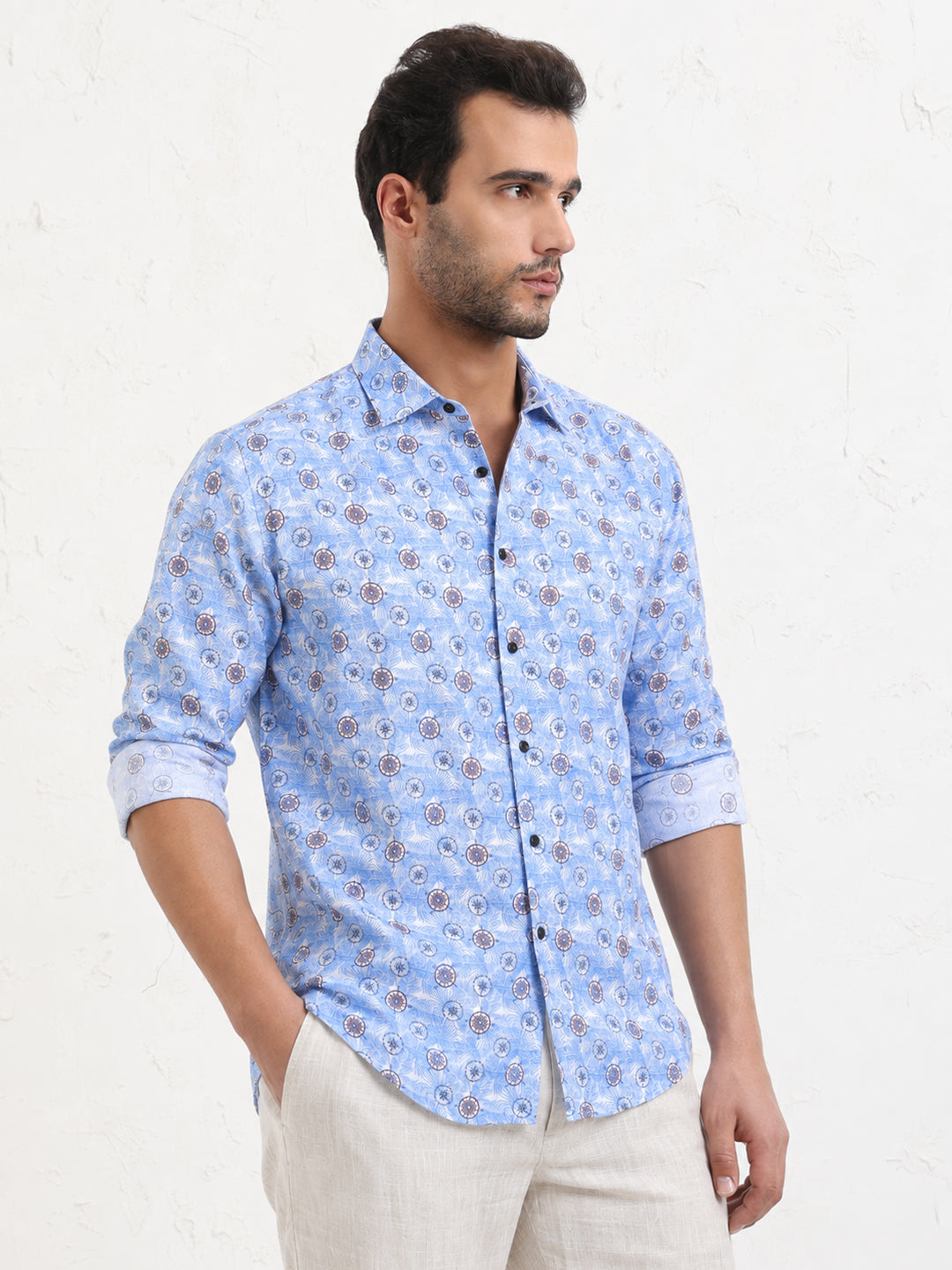 Men’s Graphic Blue Slim Fit Long Sleeves Shirt