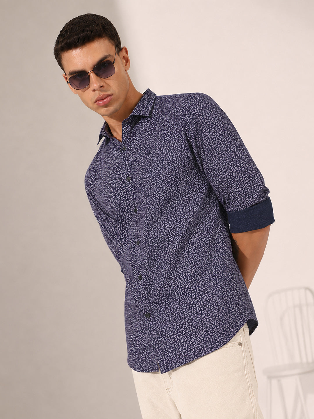 Men’s Micro Print Navy Blue Slim Fit Long Sleeves Shirt