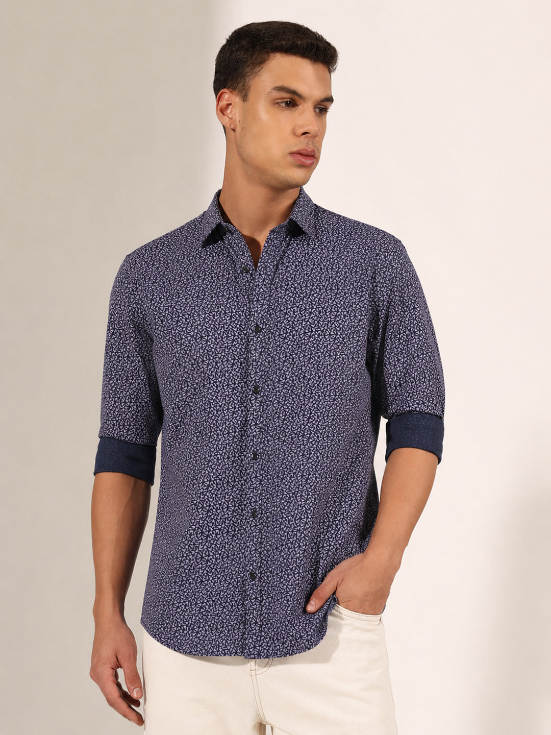 Men’s Micro Print Navy Blue Slim Fit Long Sleeves Shirt