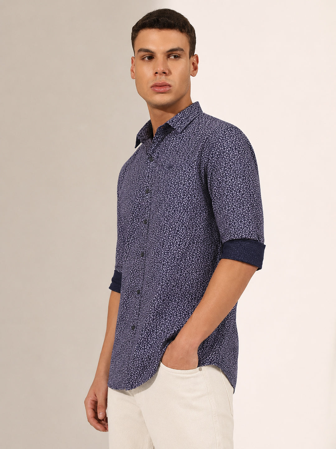 Men’s Micro Print Navy Blue Slim Fit Long Sleeves Shirt