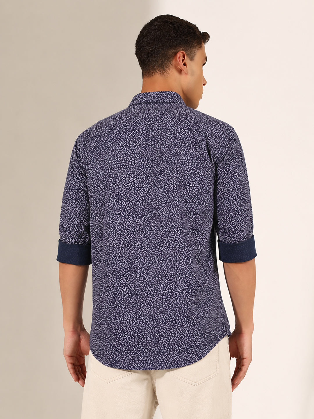 Men’s Micro Print Navy Blue Slim Fit Long Sleeves Shirt