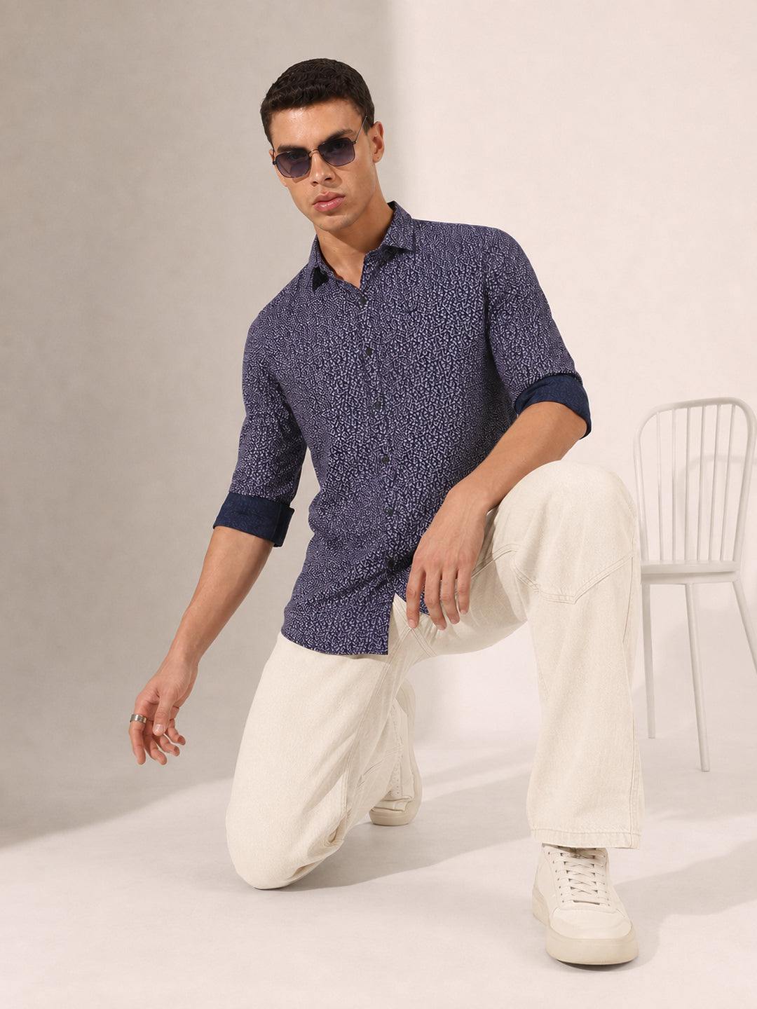 Men’s Micro Print Navy Blue Slim Fit Long Sleeves Shirt