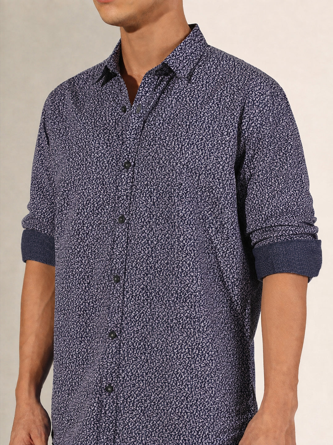 Men’s Micro Print Navy Blue Slim Fit Long Sleeves Shirt