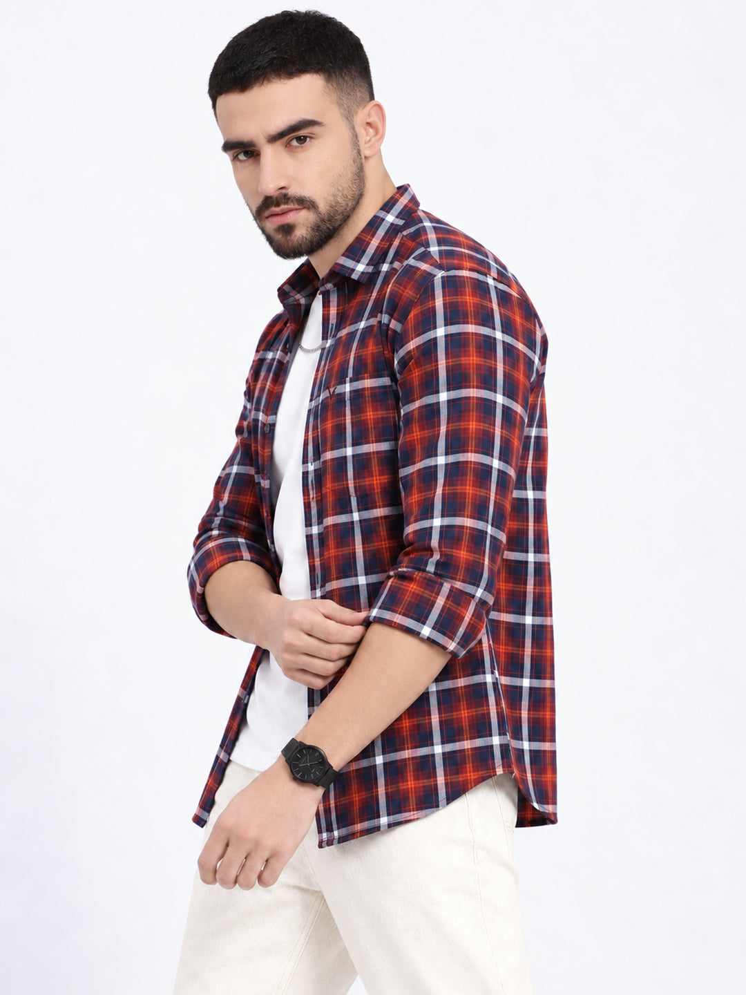Men’s Tartan Checked Orange Slim Fit Long Sleeves Shirt with Chest Pocket
