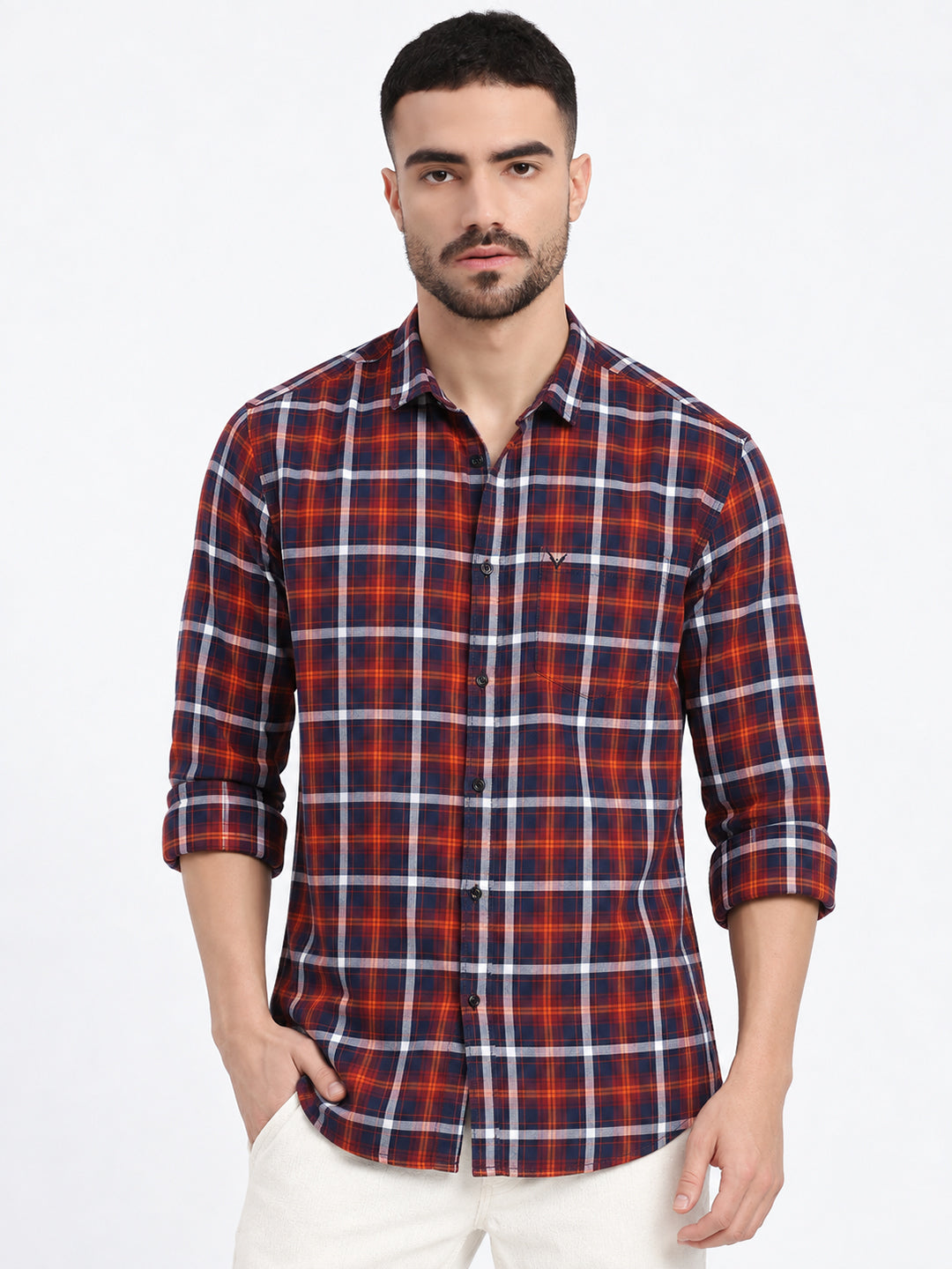 Men’s Tartan Checked Orange Slim Fit Long Sleeves Shirt with Chest Pocket