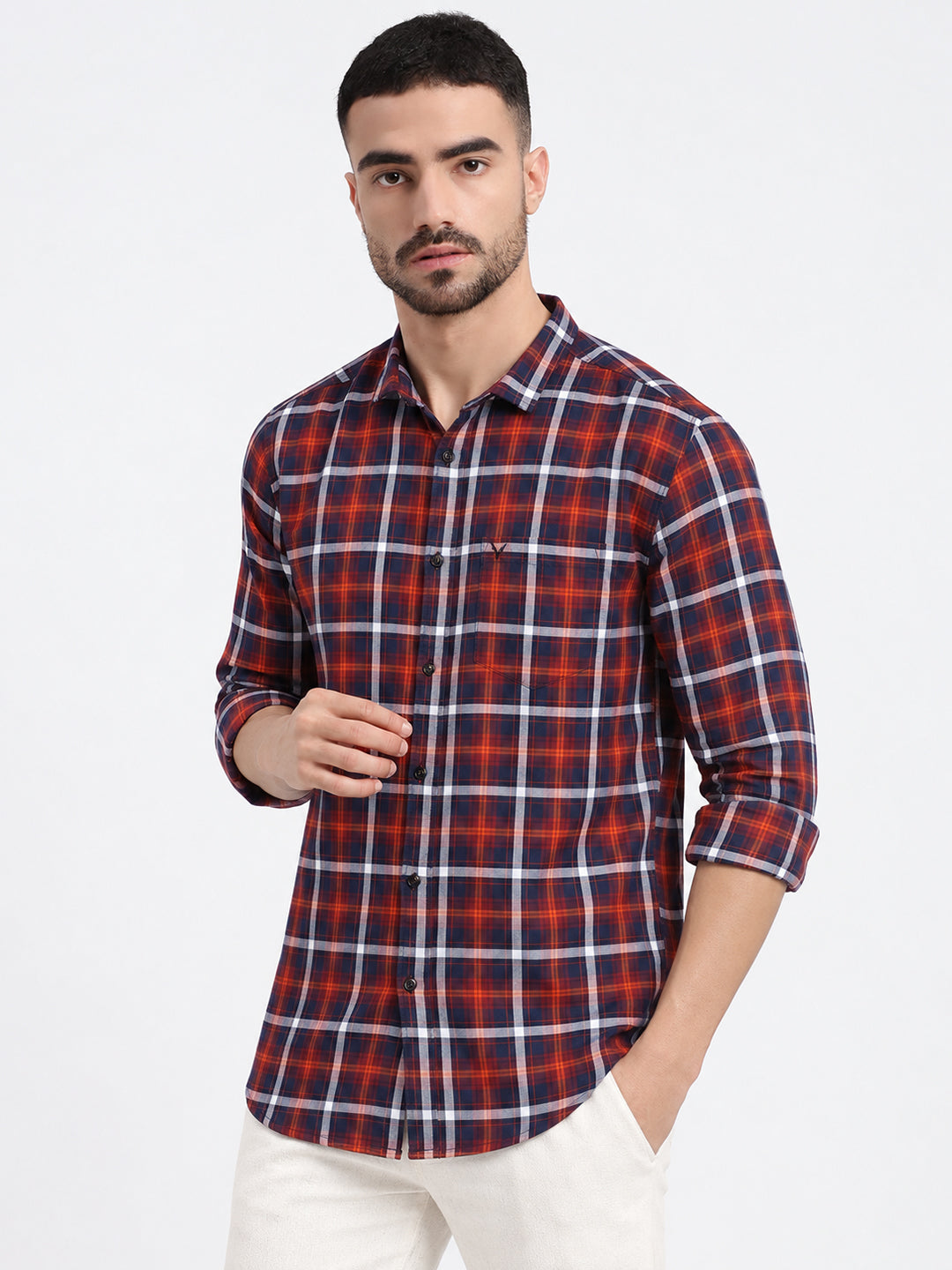 Men’s Tartan Checked Orange Slim Fit Long Sleeves Shirt with Chest Pocket