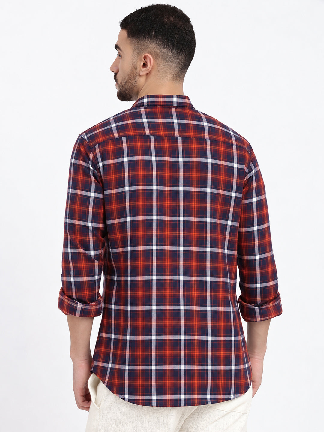 Men’s Tartan Checked Orange Slim Fit Long Sleeves Shirt with Chest Pocket