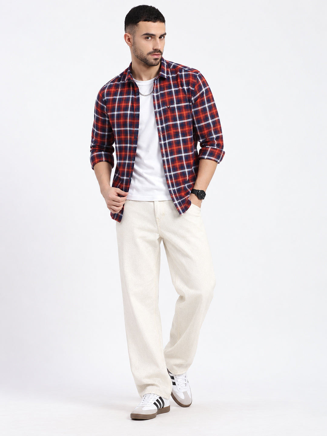 Men’s Tartan Checked Orange Slim Fit Long Sleeves Shirt with Chest Pocket