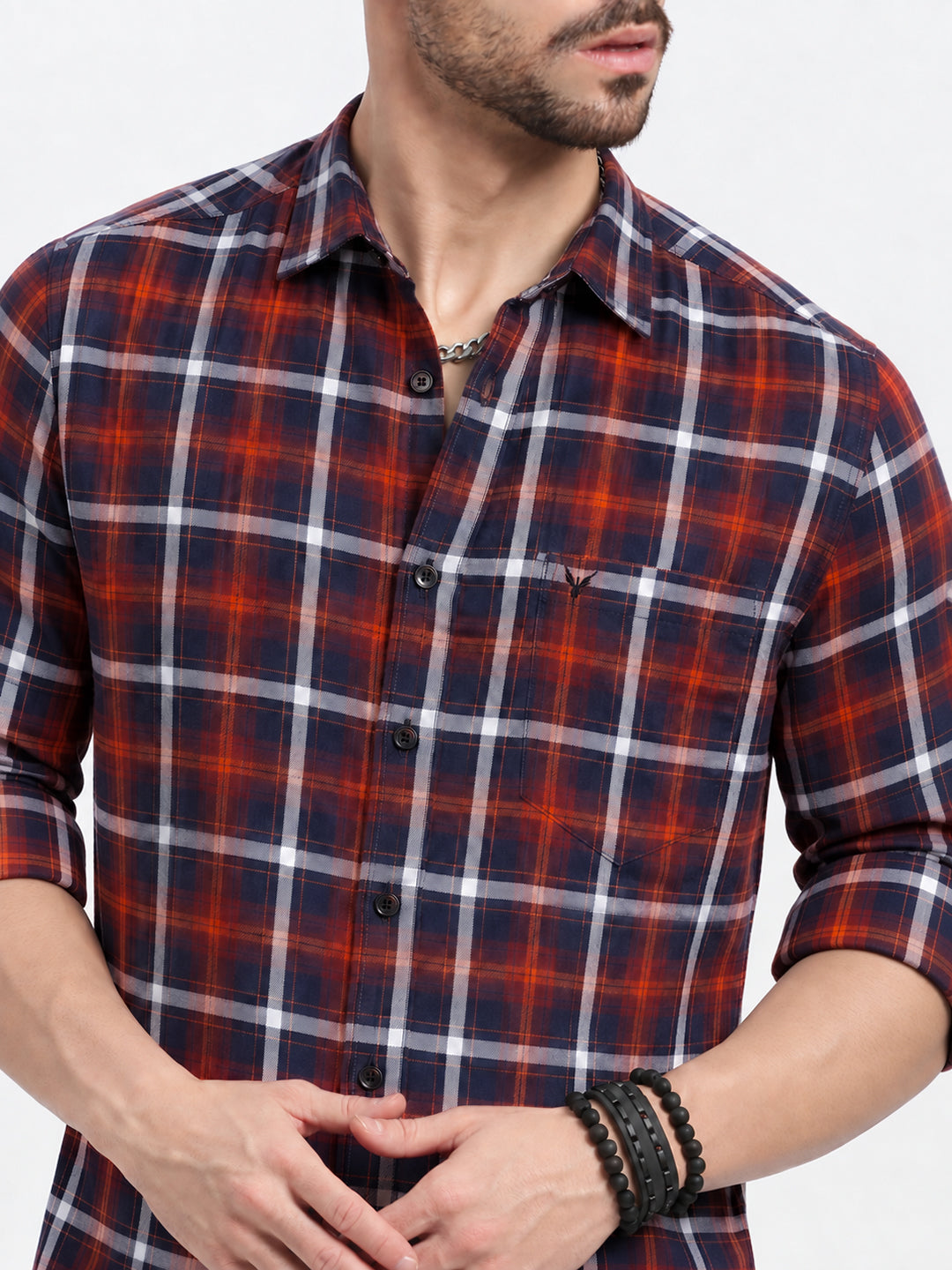 Men’s Tartan Checked Orange Slim Fit Long Sleeves Shirt with Chest Pocket