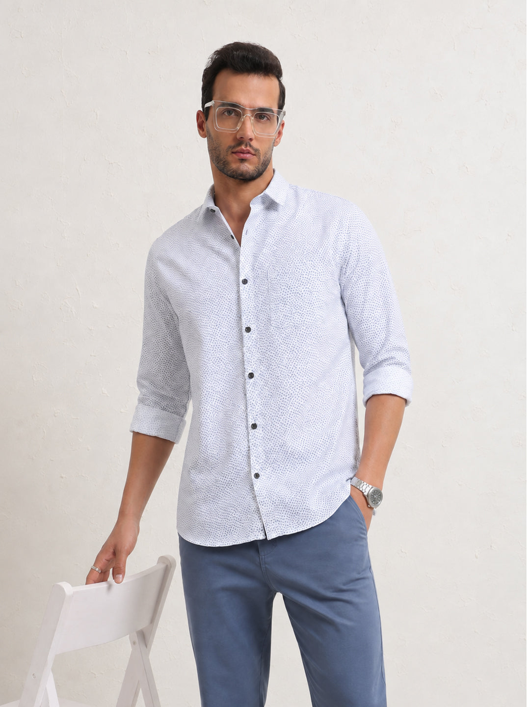 Men’s Micro Printed White Slim Fit Long Sleeves Shirt